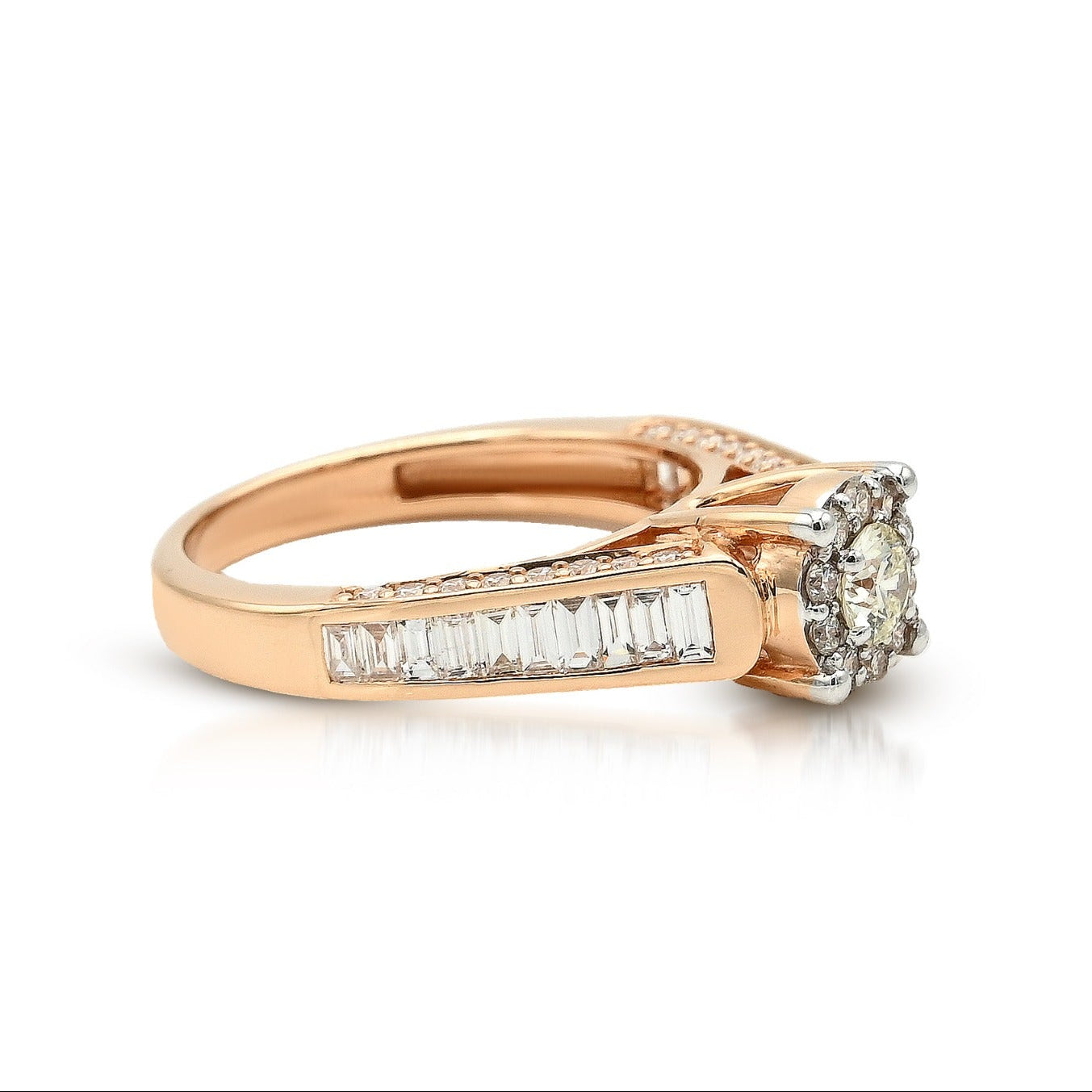 Rose gold ring with diamonds on a white background