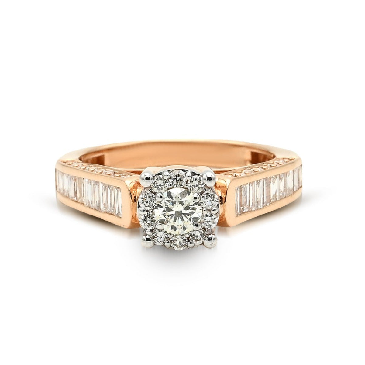 Rose gold ring with a diamond on a white background