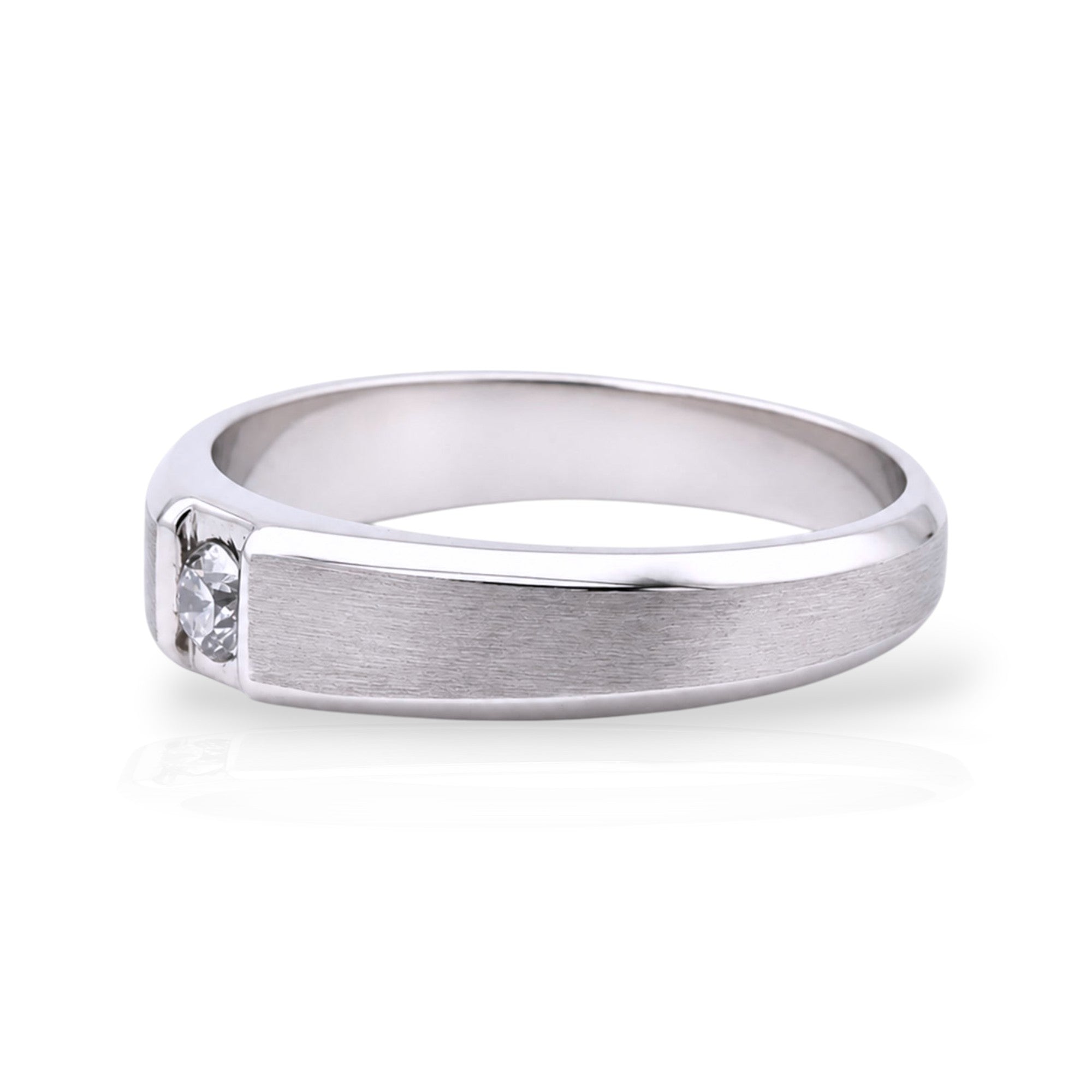 Kef Diamonds men's white palladium ring featuring a 0.18 ct round brilliant diamond with a brushed satin finish.